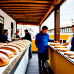 Sustainable Bakery**

"A vibrant, bustling artisan bakery in Madrid, Spain, fully clothed bakers smiling as they prepare dough, customers lining up to buy bread. Sacks of flour labeled with origin, solar panels on the roof. Family-friendly atmosphere, appropriate content, safe for work, perfect anatomy, correct proportions, natural pose, professional photography, high quality, modest attire."

**