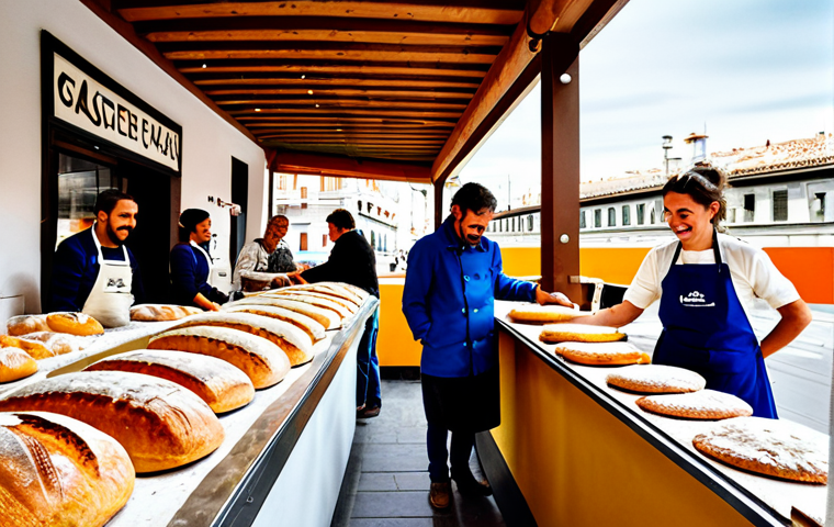 Sustainable Bakery**
"A vibrant, bustling artisan bakery in Madrid, Spain, fully clothed bakers smiling as they prepare dough, customers lining up to buy bread. Sacks of flour labeled with origin, solar panels on the roof. Family-friendly atmosphere, appropriate content, safe for work, perfect anatomy, correct proportions, natural pose, professional photography, high quality, modest attire."
**