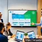 B Corp 인증을 위한 성공적인 캠페인 - A diverse group of employees in a modern office setting actively participating in a collaborative wo...