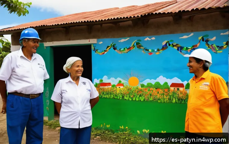 B Corp 모델의 지역 사회 기여 - A vibrant community scene in a small Latin American town showcasing a responsible company&rsquo;s impact: ...