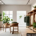 B Corp 모델의 고객 경험 혁신 사례 - A modern sustainable clothing store interior in Spain, showcasing eco-friendly fashion made from rec...