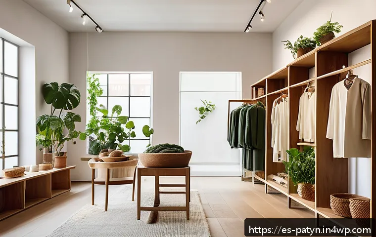 B Corp 모델의 고객 경험 혁신 사례 - A modern sustainable clothing store interior in Spain, showcasing eco-friendly fashion made from rec...