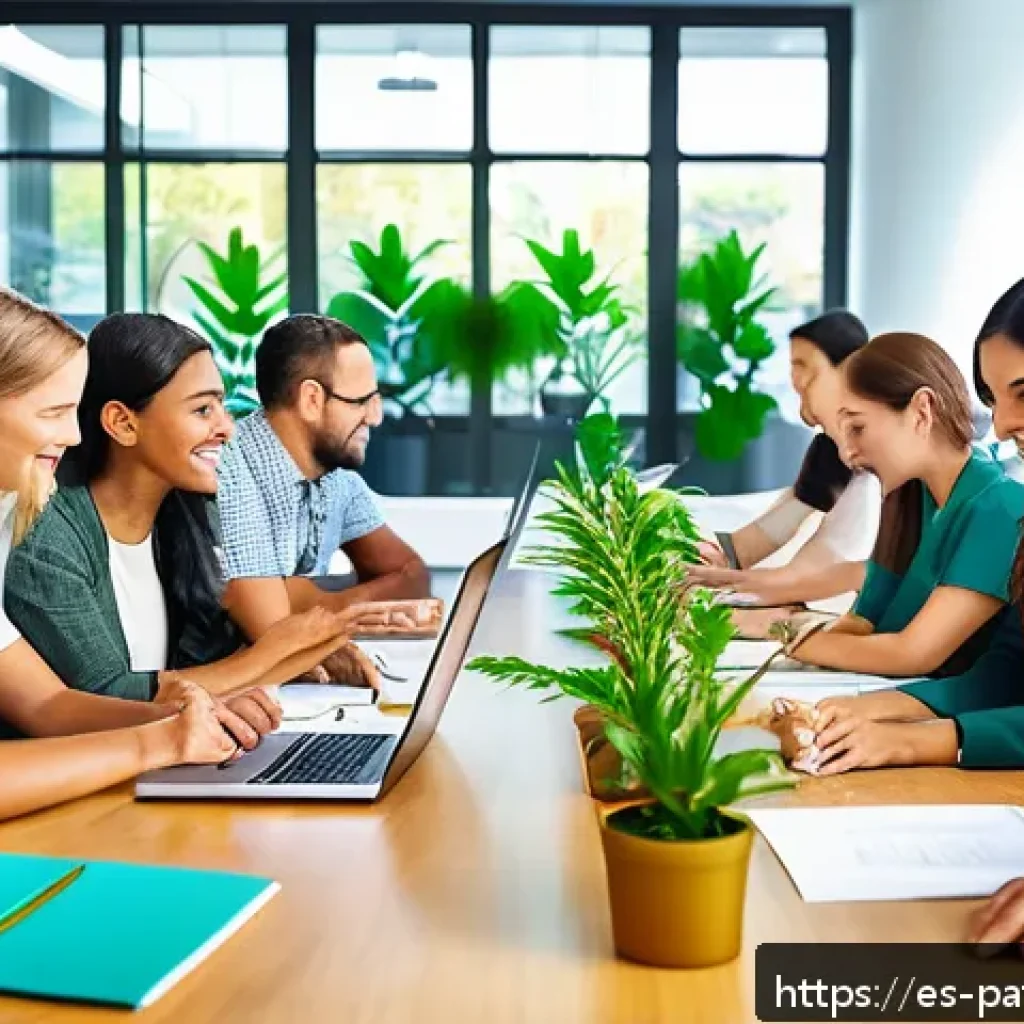 B Corp 기업의 사회적 책임 실사례 - A modern, bright office scene showing a diverse group of employees collaborating enthusiastically ar...