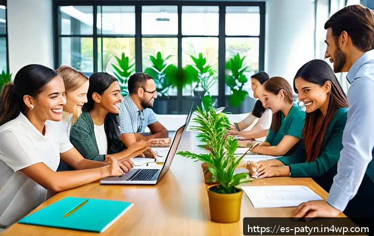 B Corp 기업의 사회적 책임 실사례 - A modern, bright office scene showing a diverse group of employees collaborating enthusiastically ar...