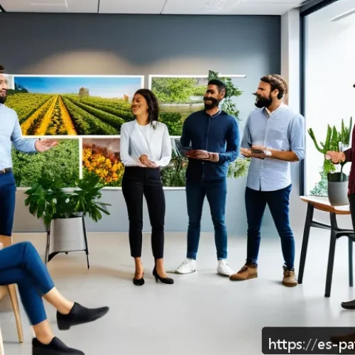 B Corp 기업의 인재 관리 전략 - A diverse group of professional employees in a modern Spanish office environment, engaged in an open...