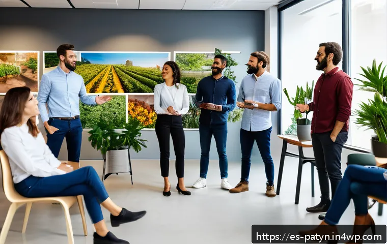 B Corp 기업의 인재 관리 전략 - A diverse group of professional employees in a modern Spanish office environment, engaged in an open...