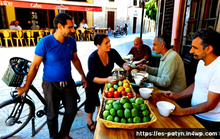 Home 17 B Corp 모델의 문화적 영향 - Photorealistic community-owned café in a sunlit Spanish plaza, diverse adult staff and local supplie...