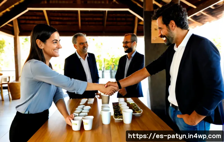 B Corp 기업의 파트너십 전략 - Photorealistic partnership meeting in a sunlit community workspace in Barcelona, diverse Spanish-spe...